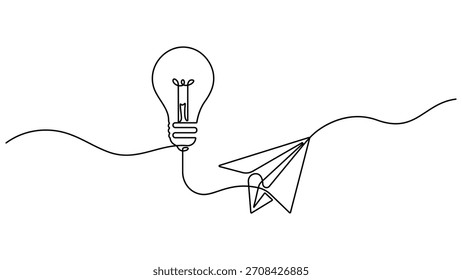 Paper plane flying up connected with light bulb in one continuous line drawing, Idea with bulb and paper plane, Light bulb and Paper plane single continuous line drawing vector illustration