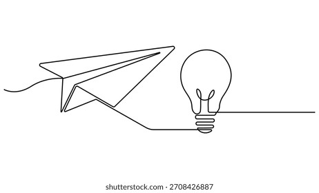 Paper plane flying up connected with light bulb in one continuous line drawing, Idea with bulb and paper plane, Light bulb and Paper plane single continuous line drawing vector illustration