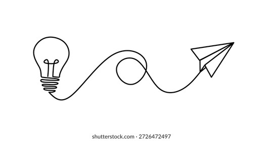Avião de papel voando conectado com lâmpada elétrica em um desenho de linha contínua. Avião em estilo de esboço. Conceito de ideia de negócio de inicialização com traço editável. Ilustração vetorial