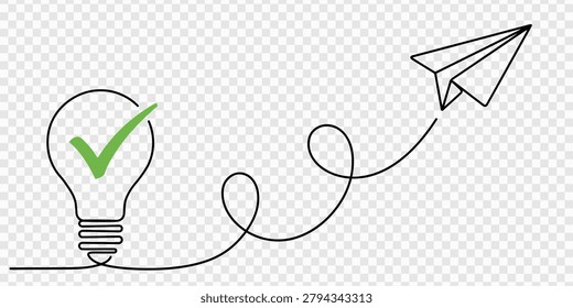Paper plane flying up connected with light bulb in one continuous line drawing, transparent background, Paper plane flying up connected with light bulb checkmark like quick tip icon in one continuous.