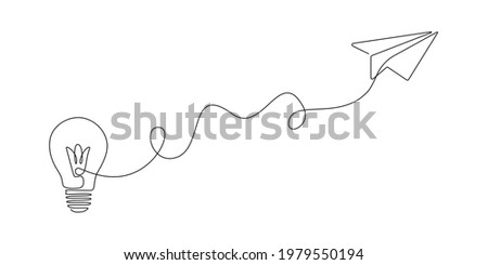 Paper plane flying up connected with light bulb in one continuous line drawing. Airplane in outline style. Startup business idea concept with editable stroke. Vector illustration Сток-фото © 