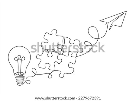 Paper plane flying up connected with light bulb and puzzle in one continuous line drawing. Airplane in outline style. Startup business idea concept. 