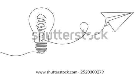 Paper plane flying up connected with light bulb in one continuous line drawing. Airplane in outline style. Startup business idea concept with editable stroke. Vector illustration