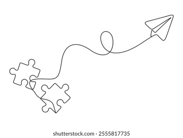 Paper plane flying up connected with puzzle pieces jigsaw in single line drawing. Problem solving and solution business metaphor idea concept. Vector illustration