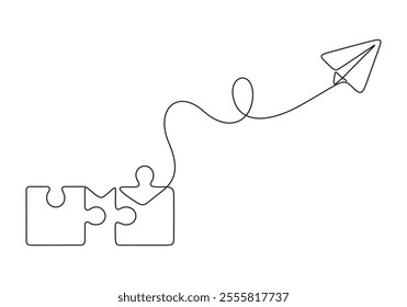 Paper plane flying up connected with puzzle pieces jigsaw in single line drawing. Problem solving and solution business metaphor idea concept. Vector illustration