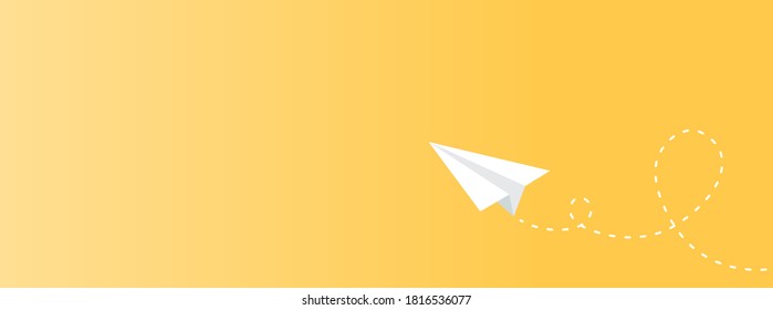 Paper plane flying with contrail. Horizontal banner. Vector illustration, flat design
