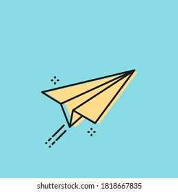 Paper plane flying with contrail. Yellow sign on turquoise background. Concept of creativity, delivery, sending, message. Vector illustration, flat design