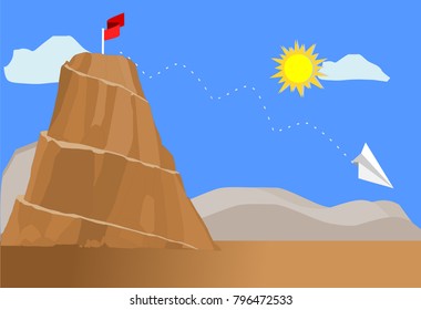 Paper plane flying down from top of mountain. Business and finance concept illustration vector