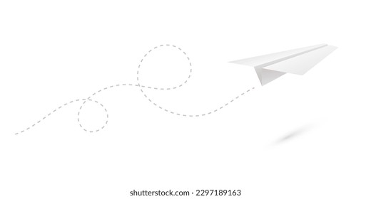 Paper plane flying forward in air with line path vector illustration. Realistic white handmade origami aeroplane, flight of airplane with trail as symbol email or online message, idea and freedom