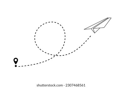 Papierflugzeug, das in Luft nach vorn fliegt, mit der Vektorgrafik der Linie. Realistisches weißes, handgefertigtes Origami-Flugzeug, Flug des Flugzeugs mit dem Weg als Symbol E-Mail oder Online-Nachricht, Idee und Freiheit.