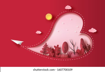 Paper plane flying with heart shape and plants, paper art style, flat-style vector illustration.