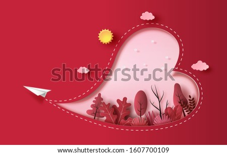 Paper plane flying with heart shape and plants, paper art style, flat-style vector illustration.