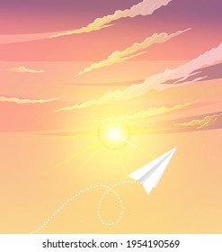 Paper plane flying near sun. Aircraft flies next to cloudy sky. White airplane on layout template