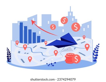 Paper plane flying to new regions vector illustration. Business development and profit increase chart on world map with cities and markets pins. Market expansion, business strategy concept