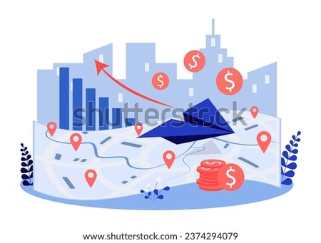 Paper plane flying to new regions vector illustration. Business development and profit increase chart on world map with cities and markets pins. Market expansion, business strategy concept