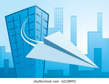 paper plane flying from an office building - vector image, all elements editable, scalable to any size, copyspace on the wings