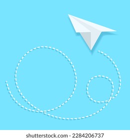 Papierflieger auf Blau. Flugstrecke in Form von gepunkteter Strecke. Sei du selbst, denke anders. Aus dem Spiel, Innovation, Einzigartigkeit, Führung, neue Idee. Reisekonzept. Vektorgrafik