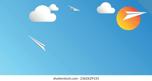Papierflieger auf Blau. Flugstrecke in Form von gepunkteter Strecke. Reisekonzept. Vektorgrafik