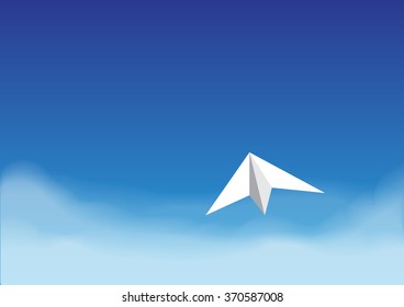 Paper plane flying on the bright blue sky over the cloud