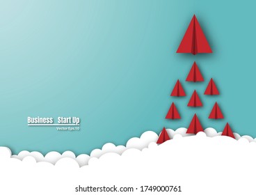 Paper plane flying on the sky. group paper plane launch to success. symbol project start-up business. empty space for text. vector illustration design