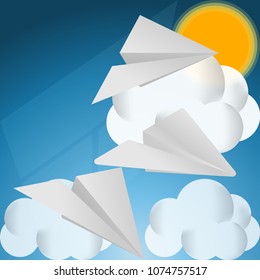 Paper plane flying out window on blue sky with fluffy clouds.Blue background. Vector illustrations. 