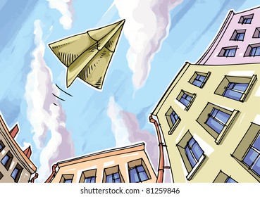 The paper plane is flying over the city.
Editable vector EPS v9.0