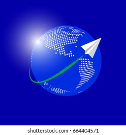 Paper plane flying over dot earth map