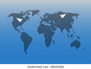 Paper plane flying over map.