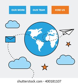 Paper plane flying over mountains between clouds. Modern vector illustration concept. Thin line flat design banners for website and mobile website, easy to use and highly customizable.