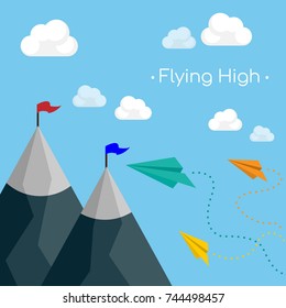Paper plane flying over mountains flying high concept Business concept design vector.