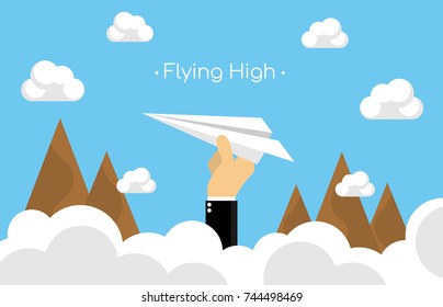 Paper plane flying over mountains flying high concept Business concept design vector.