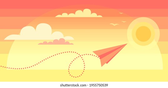 Paper plane flying over sunset sky landscape. Airplane flying among clouds and sun, art style