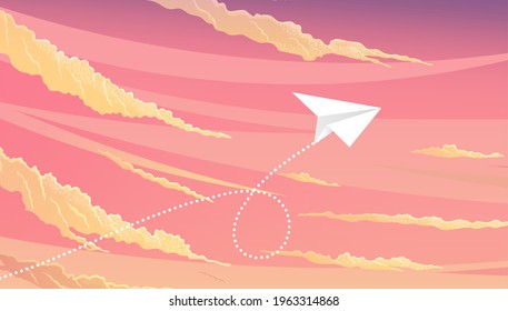 Paper plane flying over sunset sky landscape. Airplane flying among clouds and sun, art style. Pattern design vector illustration. Red airplane on pattern layout. Aircraft flies next to sunset