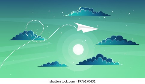 Paper plane flying over sunset sky landscape. Airplane flying among clouds and sun, art style. Pattern design vector illustration. Red airplane on pattern layout. Aircraft flies next to sunset