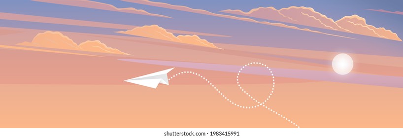 Paper plane flying over sunset sky landscape. Airplane flying among clouds and sun, art style. Pattern design vector illustration. Red airplane on pattern layout. Aircraft flies next to sunset