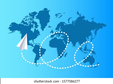 Paper plane flying over a world map reserves a dashed trace. Travel and tourism background. Vector illustration