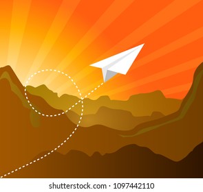 Paper plane flying pattern over  sunset mountain landscape. illustration design graphic