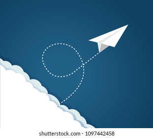 Paper plane flying pattern over  a blue sky and clouds. illustration design graphic