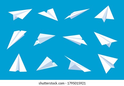 Paper plane. Flying planes in blue sky, white paper airplanes from different direction, message or traveling flat vector symbols. Paper plane in blue sky, sheet origami aircraft illustration