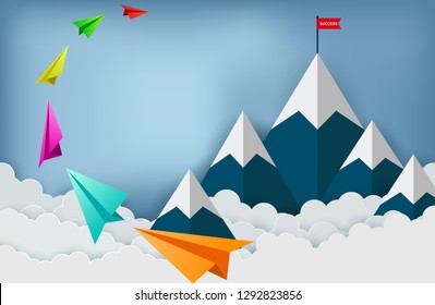 Paper plane are flying to the red flag target on mountains while flying above a cloud.  business finance success. leadership. startup. creative idea. illustration cartoon vector