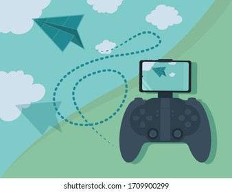 Paper plane flying with remote vector illustration