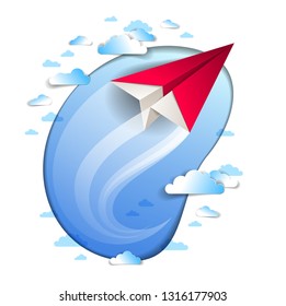 Paper plane flying in scenic cloudy sky, origami folded toy airplane in beautiful cloudscape, vector illustration, airlines, airways air travel theme.