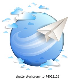 Paper plane flying in scenic cloudy sky, origami folded toy airplane in beautiful cloudscape, vector illustration, airlines, airways air travel theme.
