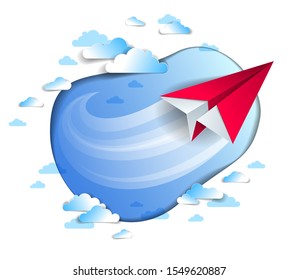 Paper plane flying in scenic cloudy sky, origami folded toy airplane in beautiful cloudscape, vector illustration, airlines, airways air travel theme.