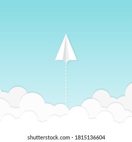 Paper plane flying in the sky with clouds. Concept of leadership, innovation, change, disruption. Vector illustration, flat design