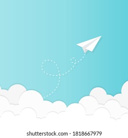 Paper plane flying in the sky with clouds. Concept of leadership, innovation, change, disruption. Vector illustration, flat design