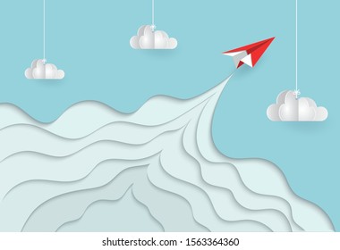 Paper plane flying to the sky concept. paper art with pastel tone background vector illustration