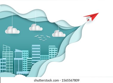 Paper plane flying to the sky concept. modern web banner. isometric vector. paper art with pastel tone background vector illustration