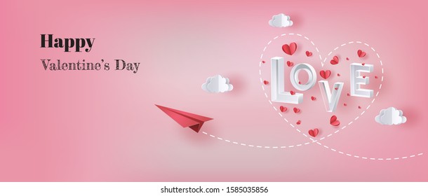 Paper plane flying in the sky with letter LOVE and many hearts floating, paper art style, flat-style vector illustration.