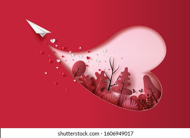 Paper plane flying in the sky with many heart floating and plants, paper art style, flat-style vector illustration.